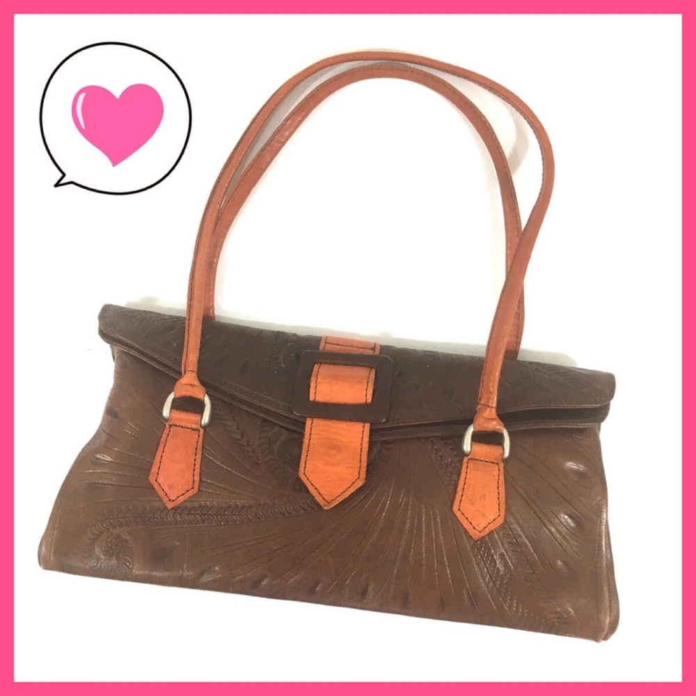 Vintage leather brown embossed handbag purse boho